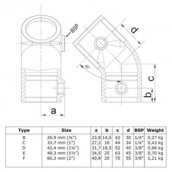 Typ_3 Rohrverbinder T-Stück kurz 45°, Ø 33,7 mm 