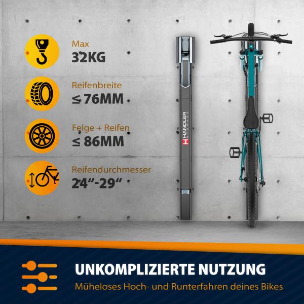 3ER-SET Handler Storage ABL12 Fahrradlift - Vertikale Fahrradhalterung Wand Grau 