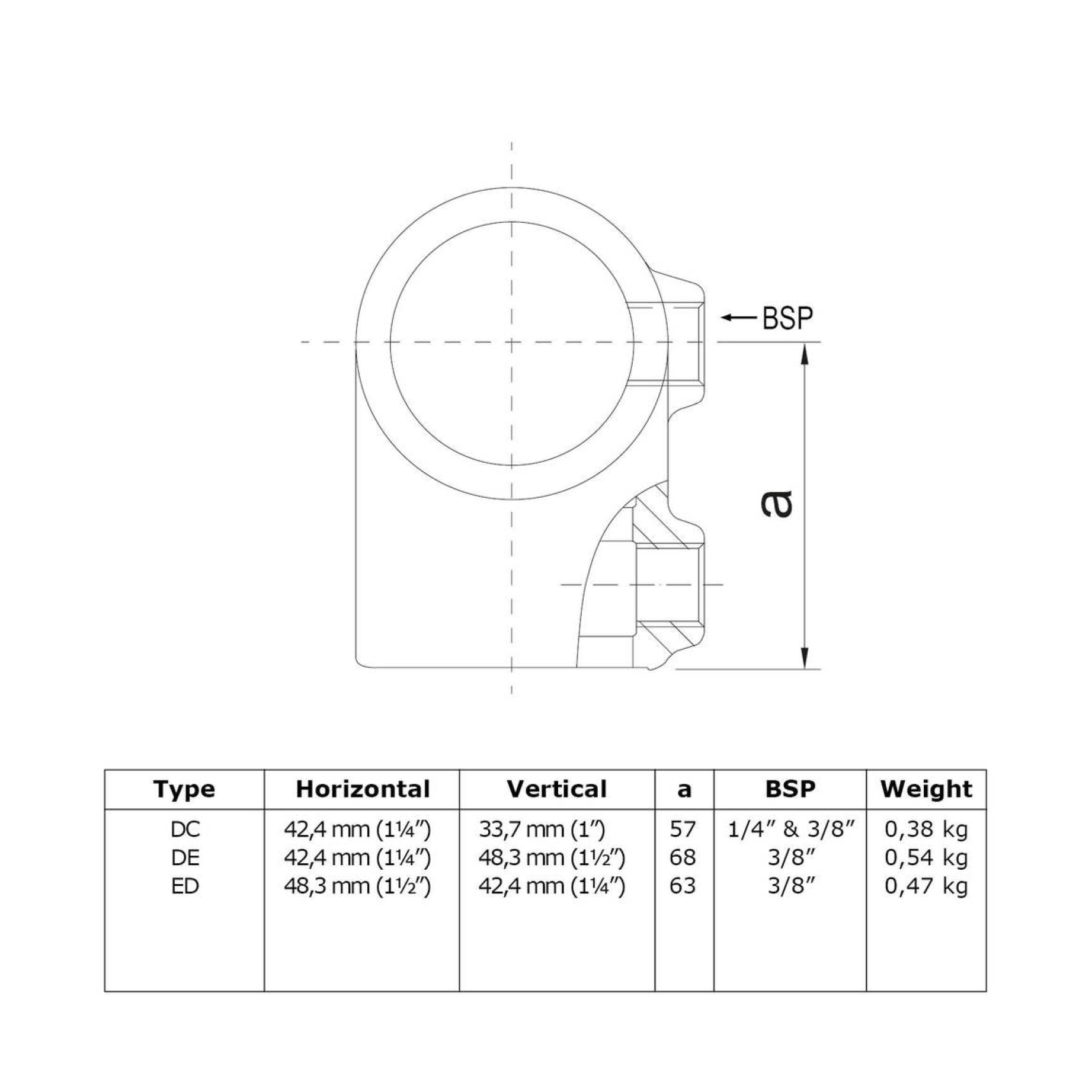 Typ_2D, Rohrverbinder T-Stück kurz Ø 42,4 mm & 33,7 mm 