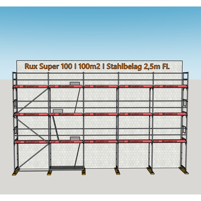 Gebrauchtes Fassadengerüst 100 m², Rux Super 100, Feldlänge 2,5 m Stahl-Belag 