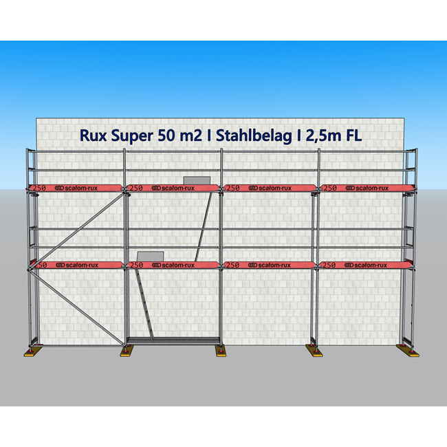 Gebrauchtes Fassadengerüst 50 m², Rux Super 65, Feldlänge 2,5 m Stahl-Belag  