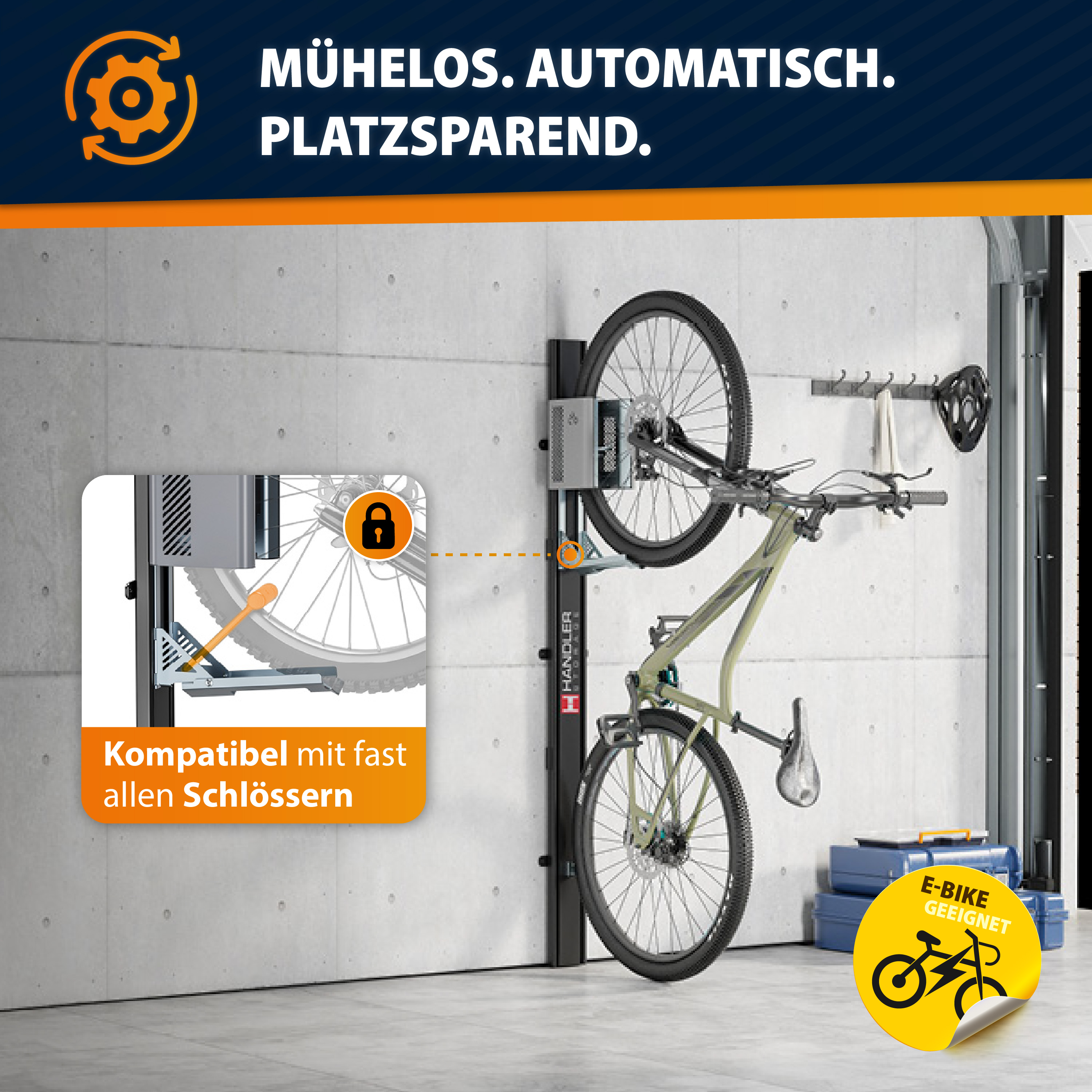 3ER-SET Handler Storage ABL12 Fahrradlift - Vertikale Fahrradhalterung Wand Grau 