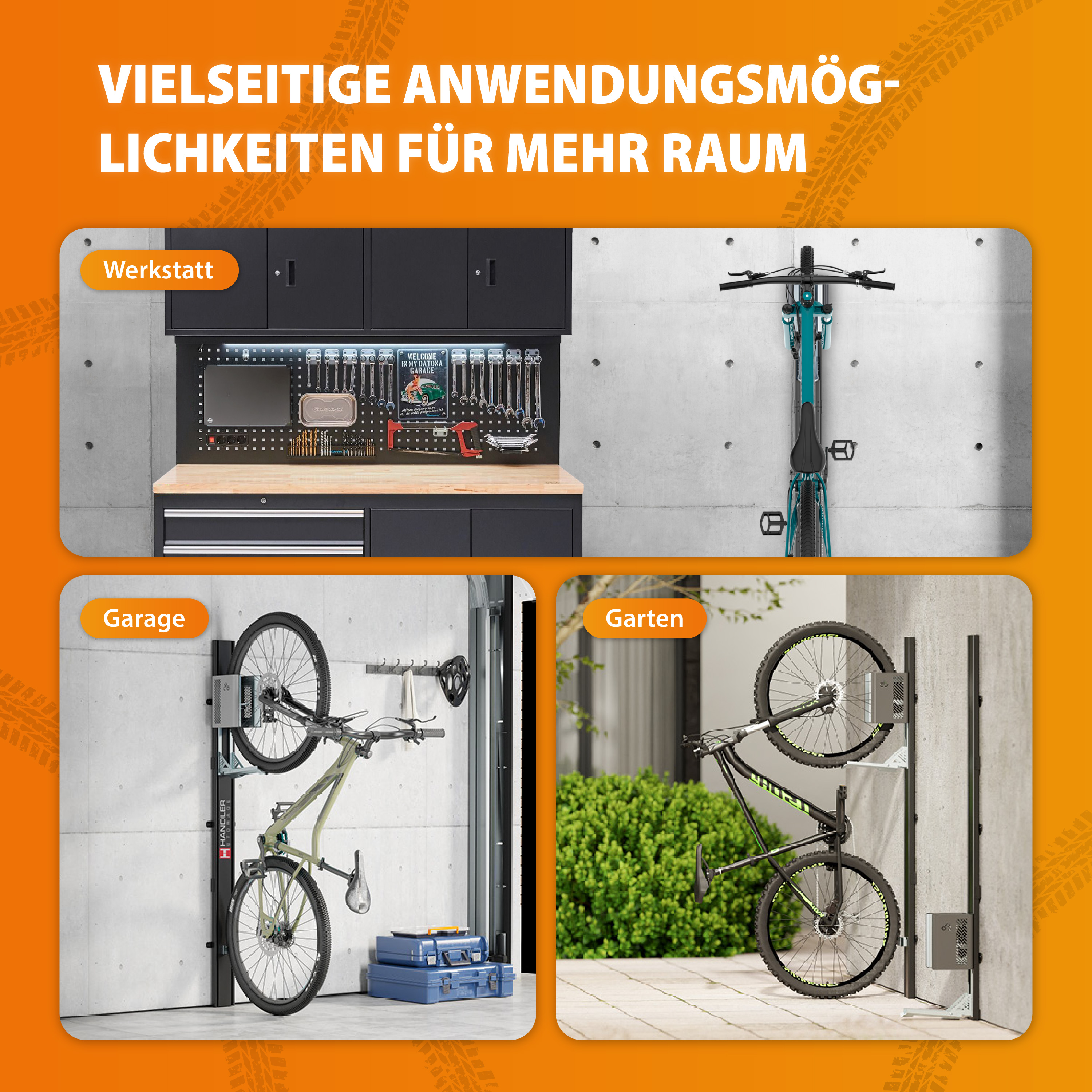 3ER-SET Handler Storage ABL12 Fahrradlift - Vertikale Fahrradhalterung Wand Grau 